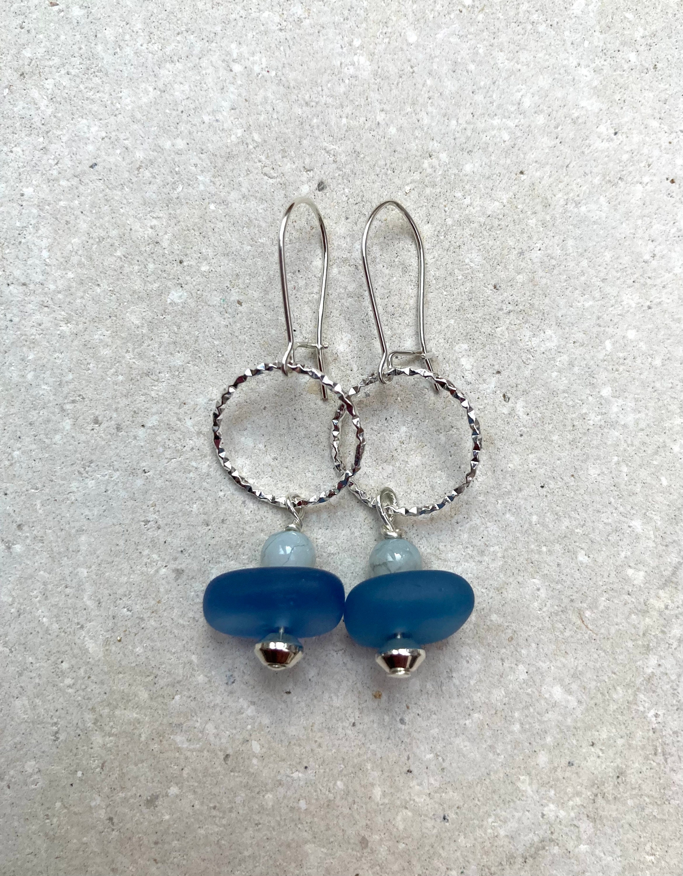 Handmade Blue Sea Glass and Sterling Silver Earrings. Textured - Etsy UK