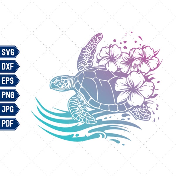 Sea Turtle Svg, Turtle with Wave and Flowers, Turtle Silhouette, Flower Turtle Svg, Turtle In Wave Svg, Florida Turtle Svg, Digital Files