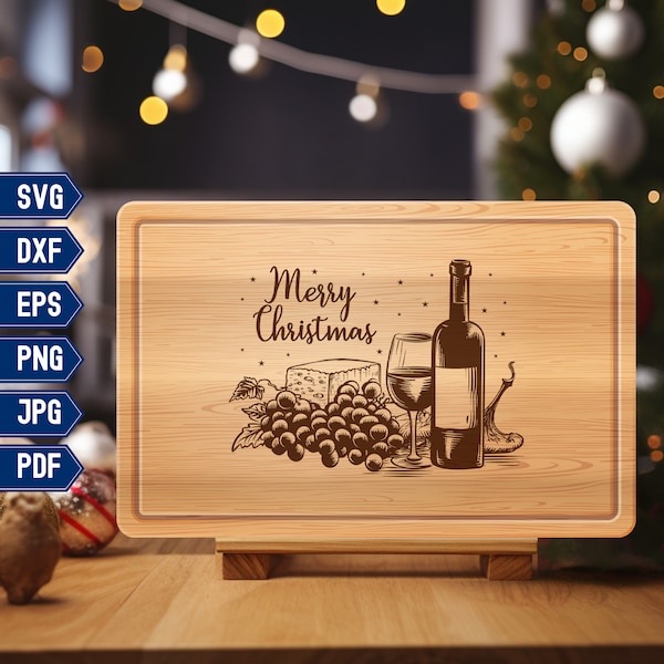 Charcuterie Board SVG, Christmas Cheese and Wine Cutting Board DXF for Wood Engraving, Holiday DIY Decor Glowforge Cricut Digital Files
