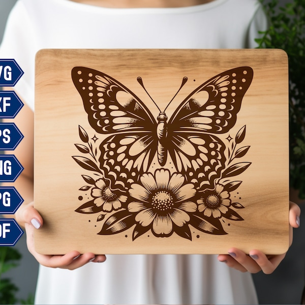 Charcuterie Board SVG, Butterflies with Flowers, Floral Spring Board Design for Printing and Engraving, Glowforge, Cricut, Digital Files