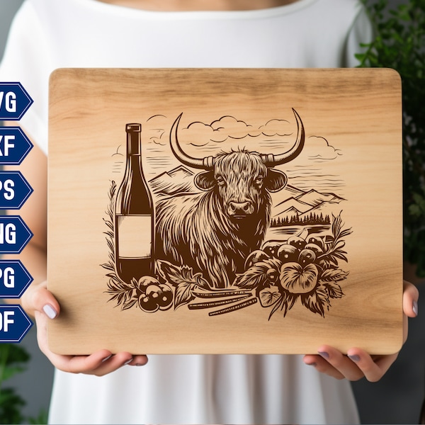 Highland Cow SVG, Charcuterie Board SVG, Wine and Cheese, Grazing Board SVG, Vector Design for Cutting Machines, Laser Cut Files, Glowforge