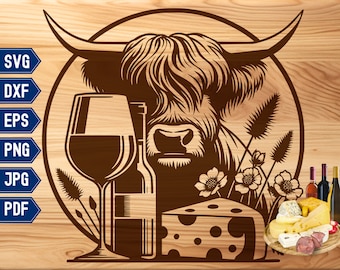 Highland Cow with Wine and Cheese Charcuterie Board Svg, Cheese Board Svg, Serving Tray Svg, Grazing Board, Family Reunion, Digital Files