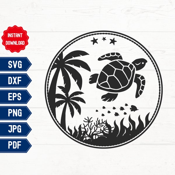 Sea Turtle Svg File, Palm Tree Turtle with Border, Turtle Silhouette, Turtle Svg for the Back of Phone, Ocean Animal svg, Florida Turtle Svg