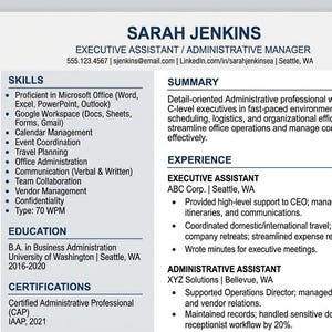 Op de afbeelding: Een professioneel cv-document voor Sarah Jenkins, een Executive Assistant en Administrative Manager. De lay-out bevat secties voor vaardigheden, samenvatting, werkervaring, opleiding en certificeringen met details over werk bij ABC Corp.