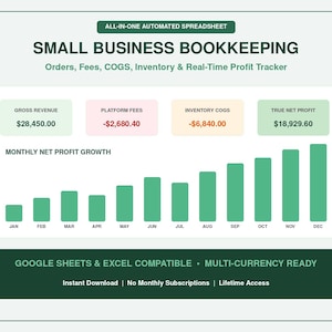 May include: An all-in-one automated spreadsheet for small business bookkeeping. It features a bar chart showing monthly net profit growth and data boxes for gross revenue, platform fees, inventory COGS, and true net profit in currency.