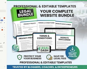 May include: A digital product bundle featuring professional and editable templates for a website, including Privacy Policy, Terms & Conditions, and Website Disclaimer documents. The graphic displays the text The Legal Bundle and Legal Dash.