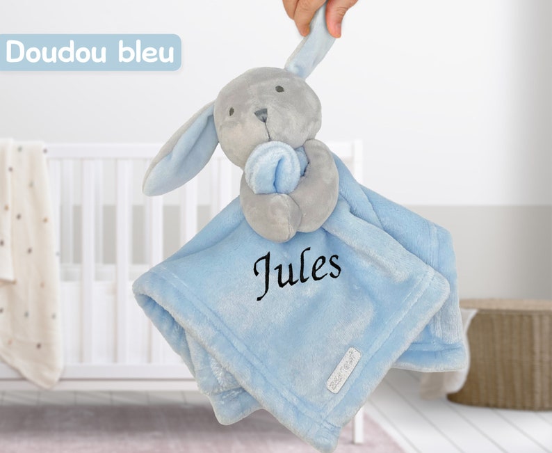 Doudou personnalisé Prénom brodé Peluche lapin pour bébé, enfant personnalisable Cadeau de naissance, anniversaire, garçon, Fille Bleu