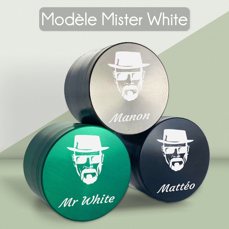 Grinder personnalisé Broyeur à herbe personnalisable avec prénom gravé 55 x 42 mm Moulin à épices en métal gravé 4 parties Modèle Mister White