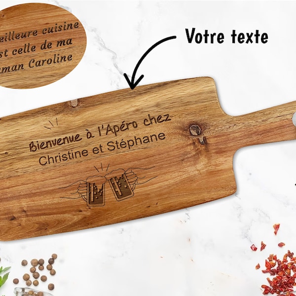 Planche à découper personnalisée - Planche apéro personnalisable avec votre texte - Texte gravé - 2 modèles de gravure - Cadeau Cuisine