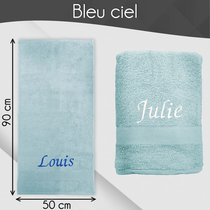 Serviette de toilette personnalisée 50x90 cm Prénom brodé personnalisable Serviette de bain 100% coton Drap de douche matière éponge Bleu Ciel