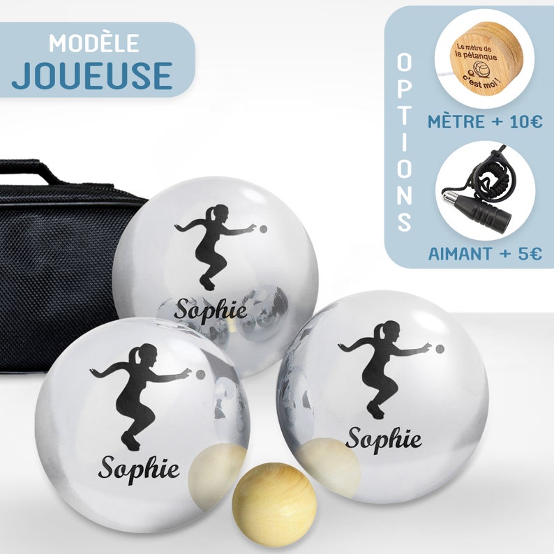 Boule de pétanque personnalisée Triplette loisir gravée 720 grammes Lot de 3 boules et 1 cochonnet 5 modèles de gravure Cadeau homme Modèle Joueuse