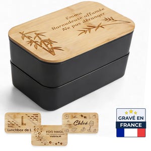 Boîte à lunch 2 étages personnalisée avec couvercle en bambou - Lunch box bento gravée avec prénom - Pour fête des pères, Noël, Anniversaire
