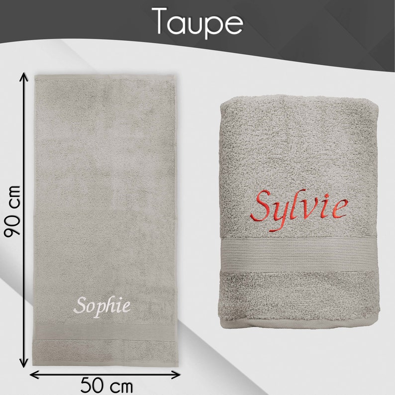 Serviette de toilette personnalisée 50x90 cm Prénom brodé personnalisable Serviette de bain 100% coton Drap de douche matière éponge Taupe