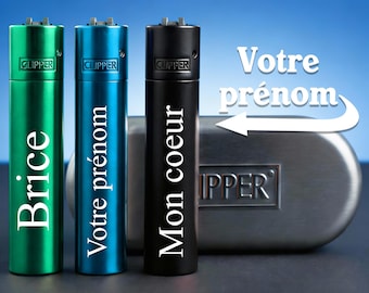 Briquet Clipper personnalisé - Clipper personnalisable avec un prénom gravé - couleur Noir/Vert/Bleu -coffret offert - Cadeau fête des pères