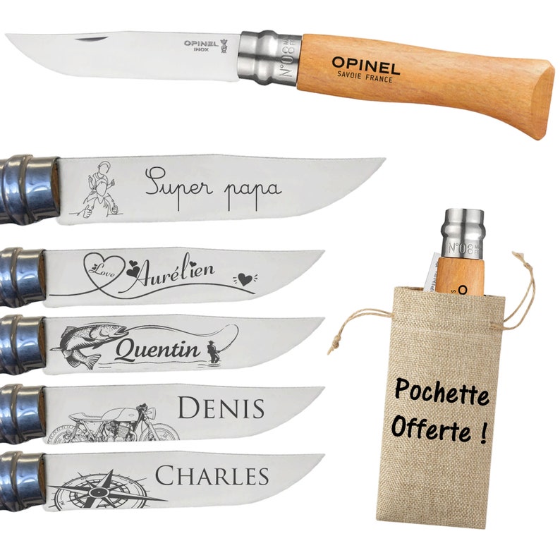 Couteau pliant personnalisé Opinel n8 Inox lame personnalisable avec un prénom gravé cadeau pour homme, noël, fête des pères image 1