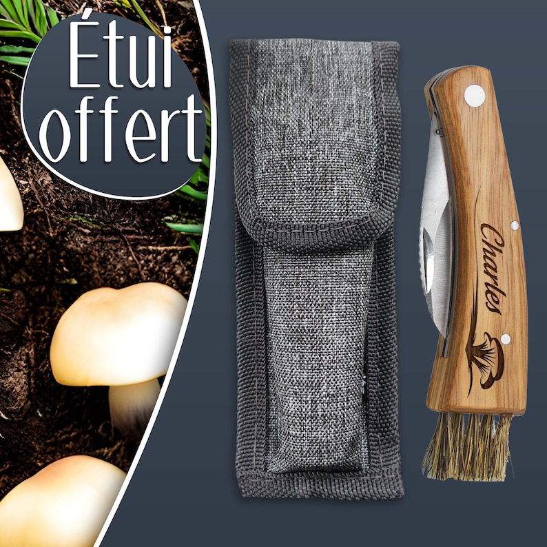 Couteau à champignon personnalisé Gravé avec votre prénom Etui offert Manche en bois personnalisable Idée cadeau pour homme, papa imagen 3