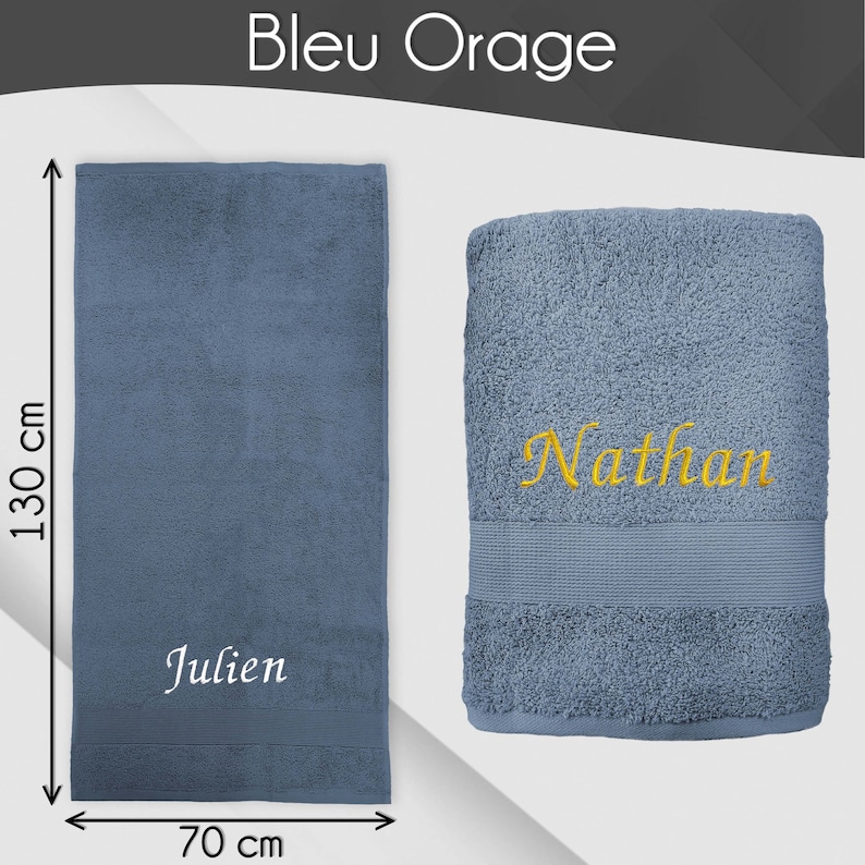 Serviette de bain personnalisée 70 x 130 cm Prénom brodé personnalisable Drap de douche 100% coton Matière éponge épaisse et douce Bleu Orage