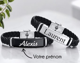Bracelet personnalisé homme - Bijoux personnalisé en cuir tressé noir - Prénom gravé - Plaque argent ou noir - Cadeau fête des Pères, papa