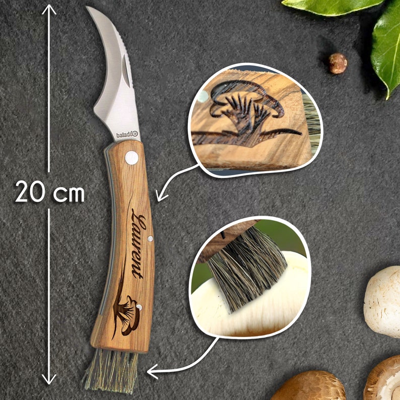 Couteau à champignon personnalisé Gravé avec votre prénom Etui offert Manche en bois personnalisable Idée cadeau pour homme, papa image 2