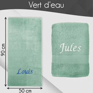 Serviette de toilette personnalisée 50x90 cm Prénom brodé personnalisable Serviette de bain 100% coton Drap de douche matière éponge Vert d'eau