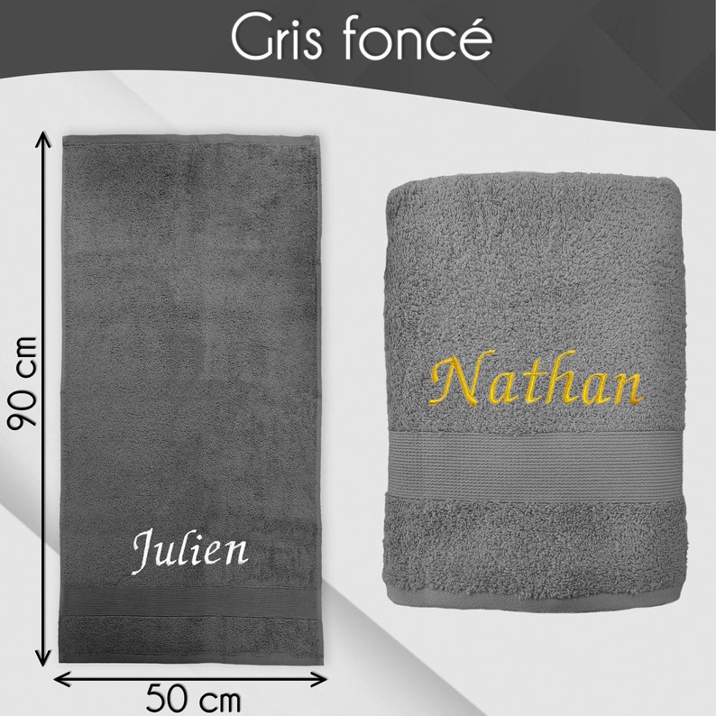 Serviette de toilette personnalisée 50x90 cm Prénom brodé personnalisable Serviette de bain 100% coton Drap de douche matière éponge Gris foncé