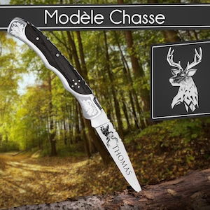 Couteau pliant personnalisé Laguiole Bougna noir lame personnalisable avec un prénom gravé cadeau pour homme, noël, fête des pères Chasse