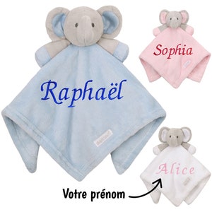 Doudou ourson bleu layette brodé avec le prénom, la date de naissance du  bébé