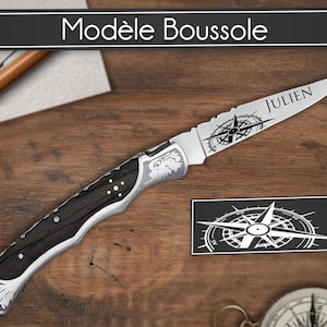 Couteau pliant personnalisé Laguiole Bougna noir lame personnalisable avec un prénom gravé cadeau pour homme, noël, fête des pères Boussole