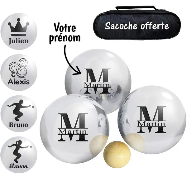 Boule de pétanque personnalisée - Triplette loisir gravée 720 grammes - Lot de 3 boules et 1 cochonnet - 5 modèles de gravure - Cadeau homme