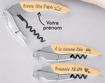 Tire bouchon personnalisé - Tire-bouchon gravé avec un prénom - Bois et acier inoxydable - Décapsuleur - Idée cadeau Fête des Pères, homme