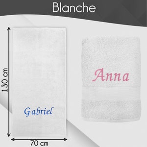 Serviette de bain personnalisée 70 x 130 cm Prénom brodé personnalisable Drap de douche 100% coton Matière éponge épaisse et douce Blanche