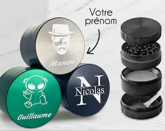 Grinder personnalisé - Broyeur à herbe personnalisable avec prénom gravé - 55 x 42 mm - Moulin à épices en métal gravé - 4 parties