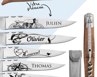 Couteau pliant laguiole manche en frêne tire bouchon personnalisé - Lame gravée avec un prénom - Cadeau pour Homme, Fête des pères, Noël
