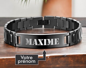 Bracelet personnalisé homme – Prénom gravé – Couleur noir– Gourmette personnalisable – Bijoux personnalisé- Idée cadeau fête des pères, papa