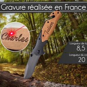 Couteau pliant personnalisé Couteau de survie personnalisable Manche en bois gravé avec un prénom cadeau, noël, fête des pères image 2