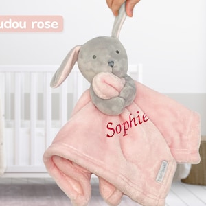 Doudou personnalisé Prénom brodé Peluche lapin pour bébé, enfant personnalisable Cadeau de naissance, anniversaire, garçon, Fille Rose