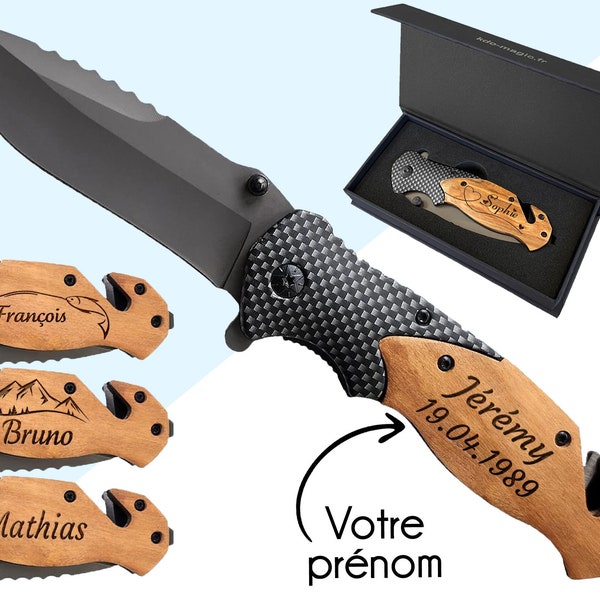 Couteau pliant personnalisé - Couteau de survie personnalisable - Manche en bois gravé avec un prénom - cadeau, noël, fête des pères