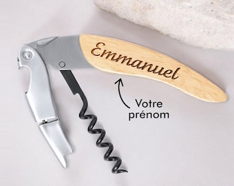 Tire bouchon personnalisé - Tire-bouchon sommelier gravé avec un prénom - Bois et acier inoxydable - Décapsuleur - Idée cadeau homme, papa