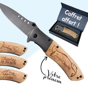 Couteau de survie personnalisé Gravez votre prénom Lame de sécurité personnalisable Manche en bois gravé Cadeau Fête des Pères, Noël image 1