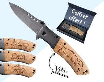 Couteau de survie personnalisé - Gravez votre prénom - Lame de sécurité personnalisable - Manche en bois gravé - Cadeau Fête des Pères, Noël