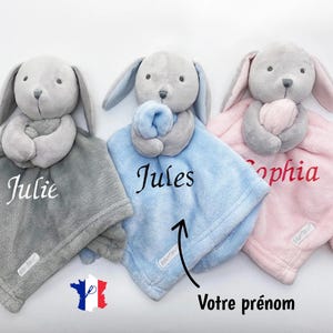 Personalized comforter - Embroidered first name - Customizable rabbit plush toy for baby, child - Birth gift, birthday, boy, girl