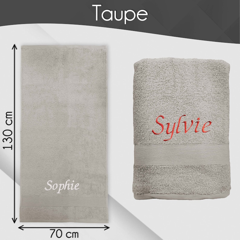 Serviette de bain personnalisée 70 x 130 cm Prénom brodé personnalisable Drap de douche 100% coton Matière éponge épaisse et douce Taupe