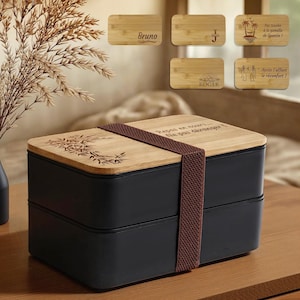 Gepersonaliseerde 2-laags lunchbox met bamboe deksel - Gegraveerde Bento lunchbox met naam - Voor Vaderdag, Kerstmis, Verjaardag
