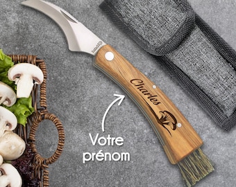 Couteau à champignon personnalisé - Gravé avec votre prénom - Etui offert - Manche en bois personnalisable - Idée cadeau pour homme, papa