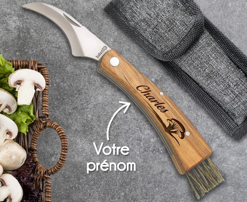 Couteau à champignon personnalisé Gravé avec votre prénom Etui offert Manche en bois personnalisable Idée cadeau pour homme, papa image 1