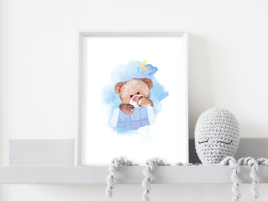 Teddy Bear Nursery Wall Art, Cute Wall Art, Baby Blue Wall Decor