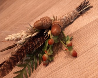 Forest and feathers boutonniere