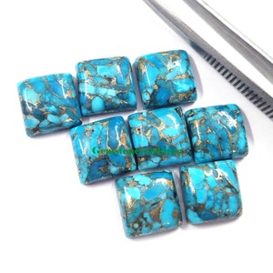 May include: Nine square turquoise cabochons with gold flecks. The cabochons are approximately 10mm x 10mm in size.