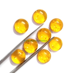 May include: A collection of eight round, amber-colored gemstones with a translucent appearance. The gemstones are arranged in a circular pattern on a white surface.