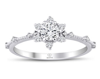 Snowflake Diamond Ring / Unique Diamond Ring / Flower Diamond Ring / Vintage Engagement Ring / Unique Bridal Ring / Dainty Wedding Ring /14K